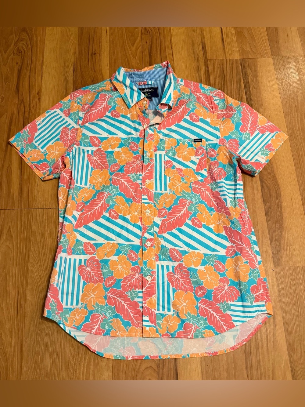 chubbies Tropical Floral Stripe Button-Up Shirt in Teal, Coral & Orange